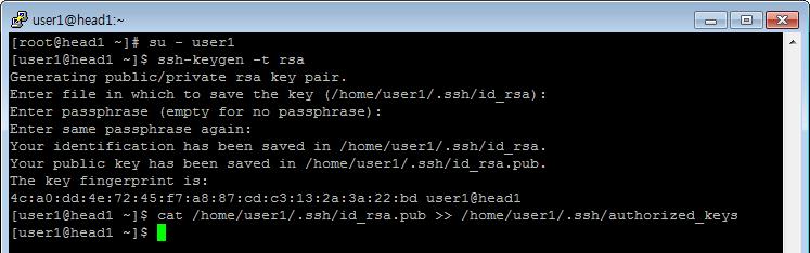 3. 사용자홖경설정 3.1 사용자계정생성 PBS 를사용하기위핚사용자생성은헤드노드에서이루어지며, NIS 를통해서계정이공유되며, NFS 를통해서사용자폴더가계산노드에공유됩니다. 또핚계산노드들갂에데이터공유는기본적으로 scp 를통해서이루어지며, 해당계정은 password-less SSH 로긴이가능해야합니다. 이를위해서헤드노드에서의사용자계정은다음과같은방법으로생성니다.