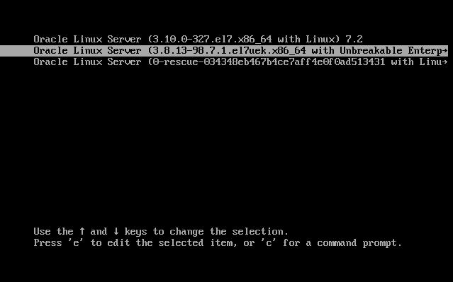 PXE 네트워크 부트를 사용하여 Oracle Linux 6.7 및 7.2 OS 설치 GNU GRUB 화면이 나타납니다. b. 15. Red Hat 호환 커널의 경우 두번째 메뉴 옵션을 선택하고 Enter 키를 누릅니다. Oracle Linux 설치를 완료하고 원하는 Linux 커널로 서버를 재부트한 후 RHEL 6.7 또는 7.