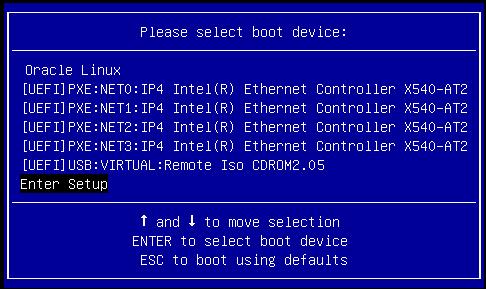 PXE 네트워크 부트를 사용하여 RHEL 6.7 또는 7.2 OS 설치 주 - 설치에 표시되는 Please Select Boot Device 메뉴는 서버에 설치된 디스크 컨트롤러 및 기타 하드웨어(예: PCIe 네트워크 카드)의 유형에 따라 다를 수 있습니다. 4.