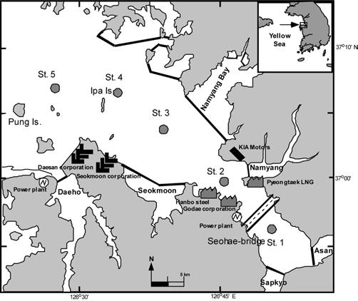 310 박철 이두별 이창래 양성렬 정병관 Inc., 1999) 로수행하였다. 결 과 Fig. 1. Map of the sampling sites in Asan Bay. a 농도를측정하였다. Chlorophyll a 농도측정을위한해수는 Niskin 채수기를이용하여영양염분석시료와같은수심에서채수하였다.