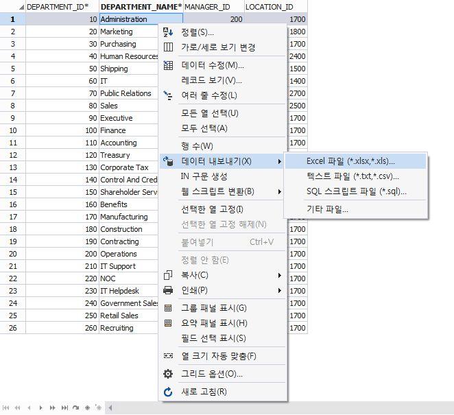 SQLGate for Tibero Developer User Guide --- 79 5. 그리드에서마우스오른쪽을클릭하고데이터내보내기 >Excel 파일을선택합니다. [Excel 파일로내보내기 ] 6.