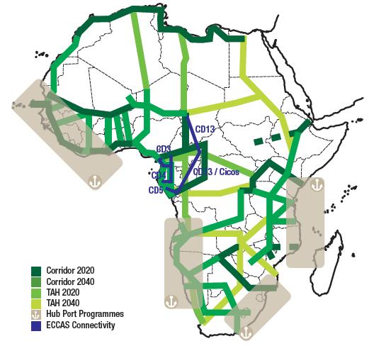<PIDA 주요프로젝트 Map> PIDA Transport Network 2020 and 2040) : 지역간 대륙간무역활성화를위한주요도시, 허브항구및철도개발을연계 자료 : PIDA Study, AfDB < 주요교통인프라프로젝트 (PIDA Priority Action Plan)> 사업비사업명단계프로젝트내용국가 ( 억달러 ) 서부아프리카 Hub port