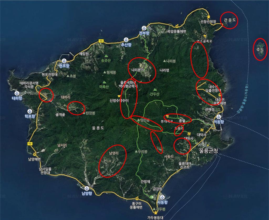 94 Jong-Su Lim, Shin-Young Park, Jong-Ok Lim and Bong-Woo Lee Fig. 1. The map of Is. Ulleungdo and its nearby islands with indications of survey sites (red circles).