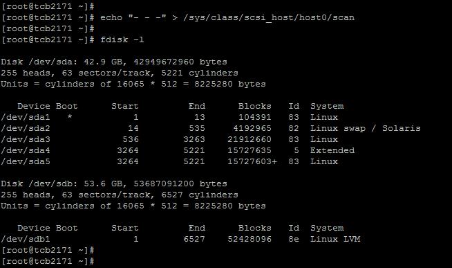 서버에연결된디스크확인 명령어 : echo "- - -" > /sys/class/scsi_host/host0/scan 의미 : scsi 콘트롤러를 scan 하여, 가상머신종료없이추가한가상디스크를인식함.