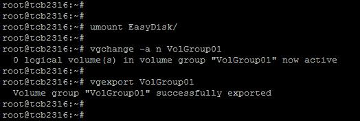 디스크해제전 LVM 비활성화 명령어 : umount /root/easydisk/ 의미 : /root/easydisk/ 에연결된디스크마운트해제명령어 : vgchange -a n