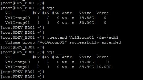 VG 확장 명령어 : vgs 의미 : VG의정보확인명령어 : vgextend VolGroup01