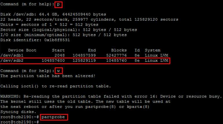 파티션의시스템 ID 를변경 명령어 : t 명령어 : L 명령어 : 8e 8e : 리눅스 LVM을선택 o