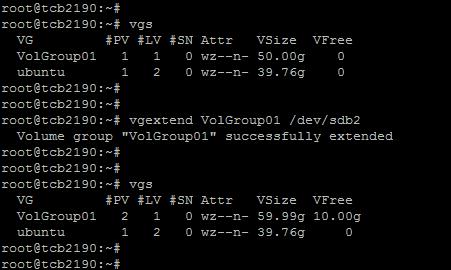 VG 확장 명령어 : vgs 의미 : VG의정보확인명령어 : vgextend VolGroup01 /dev/sdb2 의미 :