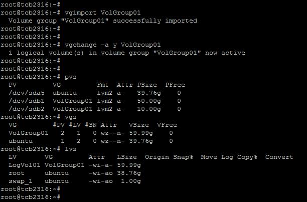 VG 연결및활성화 명령어 : vgimport VolGroup01 (Volume Group 이름 ) 의미 : volume