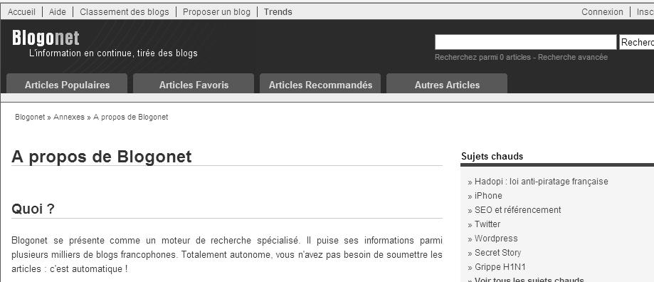 < 그림 7-38> Blognet 메인페이지 Actus, Séries Tv, People) 7위 블로그악튀알리테1001악투스 (Blog actualité 1001 actus) 이다. 이외에 블로그넷 (Blognet) 은블로그에게재된댓글의숫자와내용의질을고려하여 방문자수+기사의질 을기준으로프랑스어권블로그순위를발표하고있다.