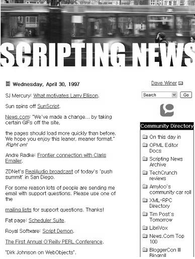 < 그림 2-1> 스크립팅뉴스 (1997 년판 /2009 년판 ) 출처 : www.scriptingnews.com 인정받고있다 (Gallagher, 2002. 6. 10). 2) 해외블로그서비스태동 대체적으로우리가사용하고있는서비스로제공되는형태의블로그가처음시작된것은 1998 1999년의일이다.