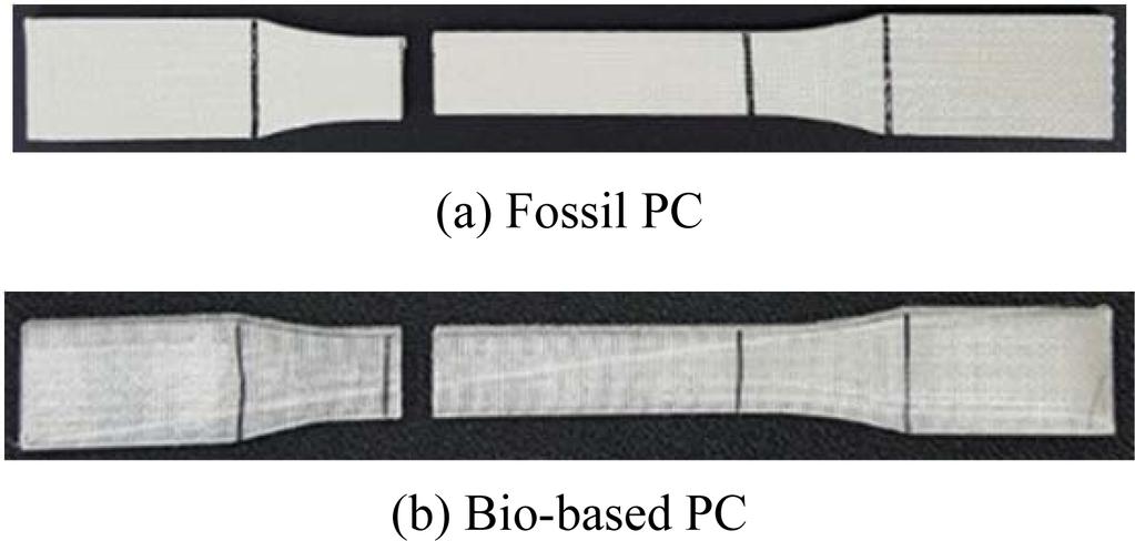 Experimental result for tensile strength of longitudinal direction. Material Young s Modulus (MPa) Tensile Strength (MPa) Fossil PC 1292.62 49.62 Bio-based PC 1733.44 61.15 Figure 10.