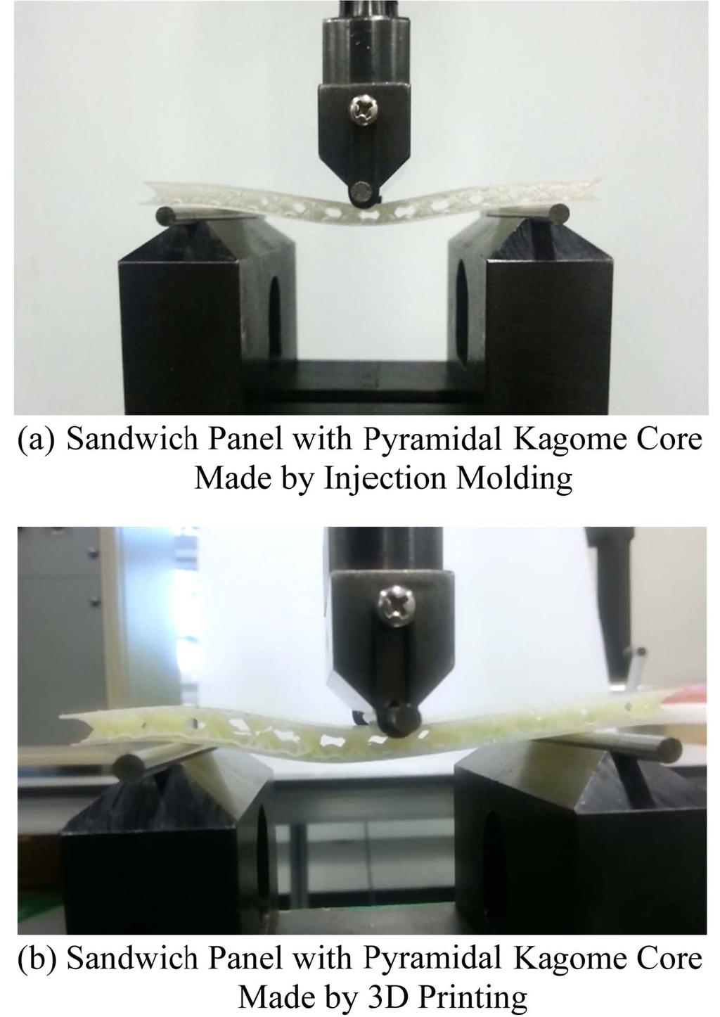 278 K. M. Yang et al. / Elastomers and Composites Vol. 51, No. 4, pp. 275-279 (December 2016) Figure 10. Three Points Bending Test of Pyramidal Kagome Core Sandwich Panel. 변형이많이일어난사출성형스트립이크다. 2. 복합판재의 3 점굽힘시험 사출성형과 3D 프린팅으로제작한피라미달카고메코어를이용한두가지의복합판재로 3점굽힘시험을했다.