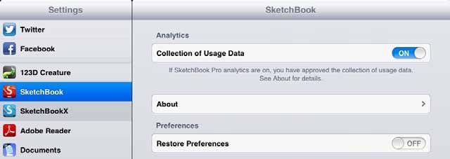 플러리 (Flurry) 이특성은사용자들이 SketchBook 모바일을어떻게이용하는지, 어떤종류의기기들이사용되고있는지에대한귀중한익명의정보를제공해줍니다. 기본설정에서 데이터수집 을켜거나끄십시오 : 설정 > SketchBook > 애널리틱스 > 사용량데이터수집 데이터수집통지에대해서는안내페이지를참고하십시오.