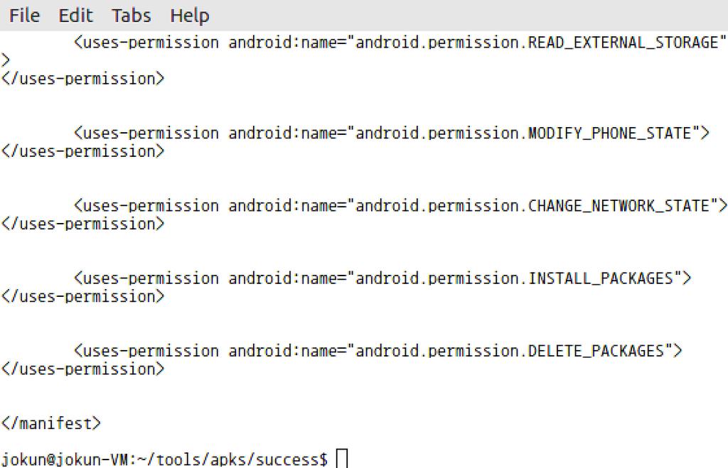 3.2 개발자가정의한권한정보추출앱실행시요구되는개발자정의권한정보를추출하기위해서는 AndroidManifest.xml 파일을확인해야한다. 먼저 APK의압축을해제하면 AndroidManifest.xml 파일을추출할수있으나이는컴파일된형태이기때문에다시변환작업을수행해야한다.