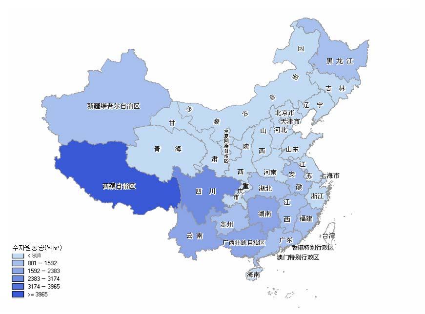 2. 수력자원현황 중국의수자원은서부지역이가장풍부하나개발률이낮음ㅇ지역별로수자원현황을살펴보면서부지역은수력발전용량이 9,500만kW로전국수력발전용량의 55.0% 가집중. 서부지역은전체수자원의약 21.