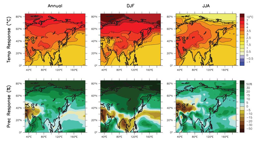 19 제2장기후변화와사회기반시설 아시아지역의온도와강수량전망 (IPCC, 2007b) 을살펴보아도기후변화가미치는영향을알수있다. MMD 모델은금세기동안아시아의대부분지역에서온난화의경향은대륙의내부가해안에접한가장자리보다더강하게나타나고인도차이나와큰섬들주변에서온난화가더강한경향을나타내는것으로전망한다.