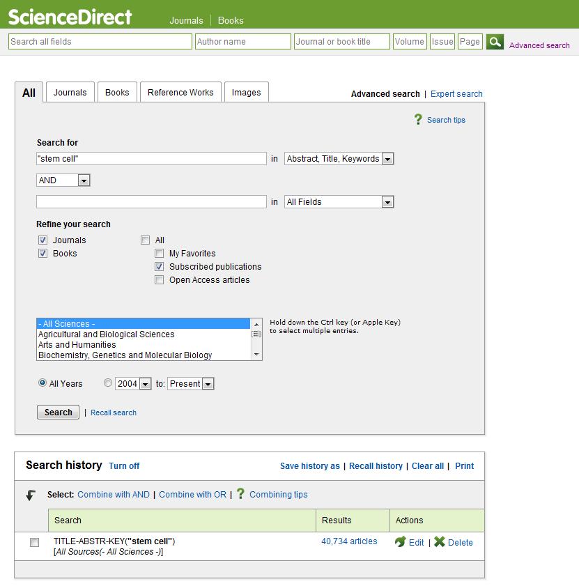 고급검색 (Advanced Search) 3 ScienceDirect 상단의 Advanced search 클릭 3 Search for 검색하고자하는 field 에해당하는자료검색 불리언연산자 (AND, OR, AND NOT) 를사용하여조합검색가능 자료유형별맞춤검색 : 저널 /
