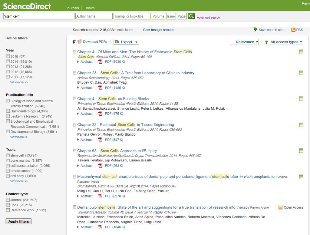 Quick Search ( 키워드검색 ) ScienceDirect 페이지상단검색창이용 3 4 5 키워드입력후 Search See image results: 검색식에해당하는자료중 Figure 및 Video 자료만별도로검색 3 Save search alert: 검색식에해당하는새로운자료가업데이트될때, 등록한계정으로알림서비스설정 RSS: RSS 알림서비스설정 4