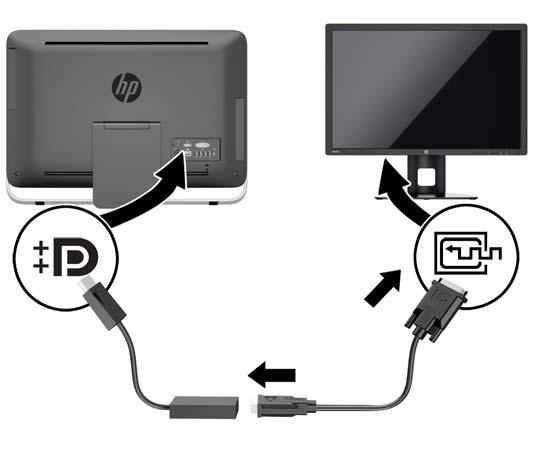 3. 보조디스플레이에 DisplayPort 커넥터가없는경우 DisplayPort 비디오어댑터를컴퓨터의 DisplayPort 커넥터와연결합니다. 그런다음어댑터와보조디스플레이사이를케이블 ( 응용프로그램에따라 VGA, DVI 또는 HDMI 등 ) 로연결합니다.