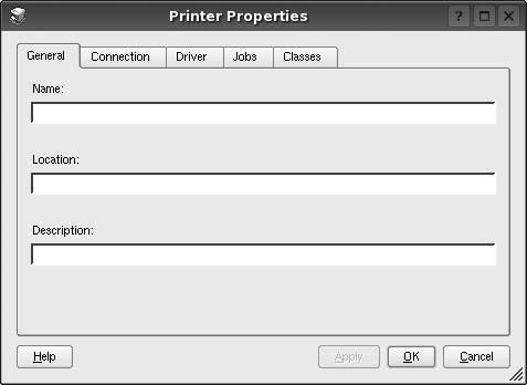 리눅스에서사용하기 3 각탭에필요한인쇄환경을설정하세요. 화면에다섯개의탭이나타납니다. General : 프린터의위치와이름을바꿀수있습니다. 이탭에서입력한이름이 Printer configuration 화면의프린터목록에나타나게됩니다. Connection : 프린터가연결되어있는포트를확인하거나다른포트를선택할수있습니다.