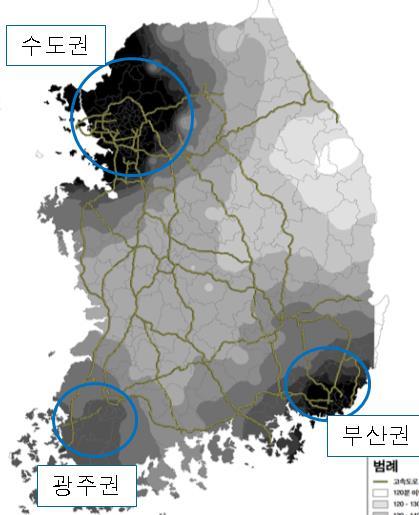 대도시위치 : 서울 ( 서북단 ), 부산 ( 동남단 ), 광주 ( 서남단 )