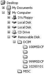 화상파일의저장목적지및파일명 본카메라로촬영한화상파일은메모리카드상에폴더로그룹지어집니다. 예 : Windows XP 로폴더보기 컴퓨터의사용 A 본카메라로촬영한화상데이터저장폴더 ( 처음세자리숫자는폴더번호를가리킵니다.) B 폴더를날짜형식으로작성할수있습니다 (119페이지). "MISC" 폴더에대해서는화상을기록또는재생할수없습니다.