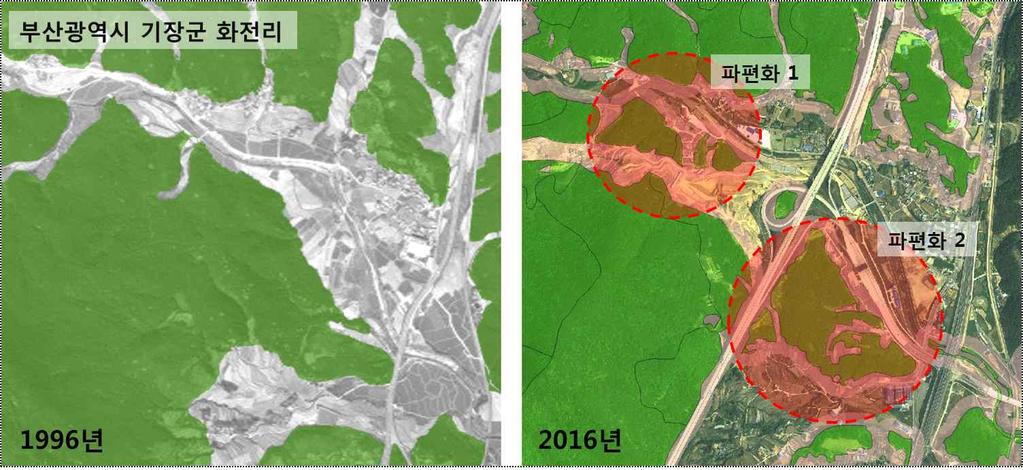 kr) < 그림 4-8> 기장군화전리일대산림의단편화사례 ( 좌 : 1996 년항공사진, 우 : 2016 년항공사진