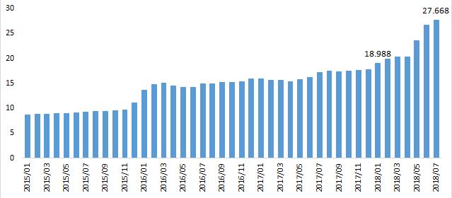 - 18년 1~7 월아르헨티나페소화가치는달러대비약 46%, 종합주가지수는약 50% 하락하였고, 18년전체적으로인플레이션은 22.