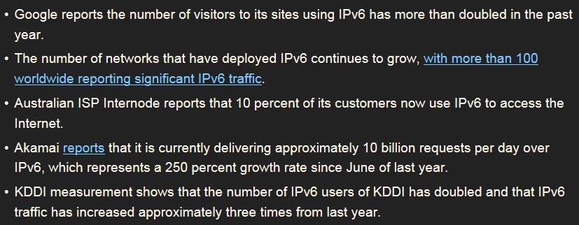 4. 국내외 IPv6 도입추진현황 1 해외 IPv6 도입추진현황 World IPv6 Launch : 전세계적으로다양한인터넷관련기관 (ISP, 포털, 제조사 ) 이 참여하여실제 IPv6 서비스시작을알리는시점공표 (2012. 6.
