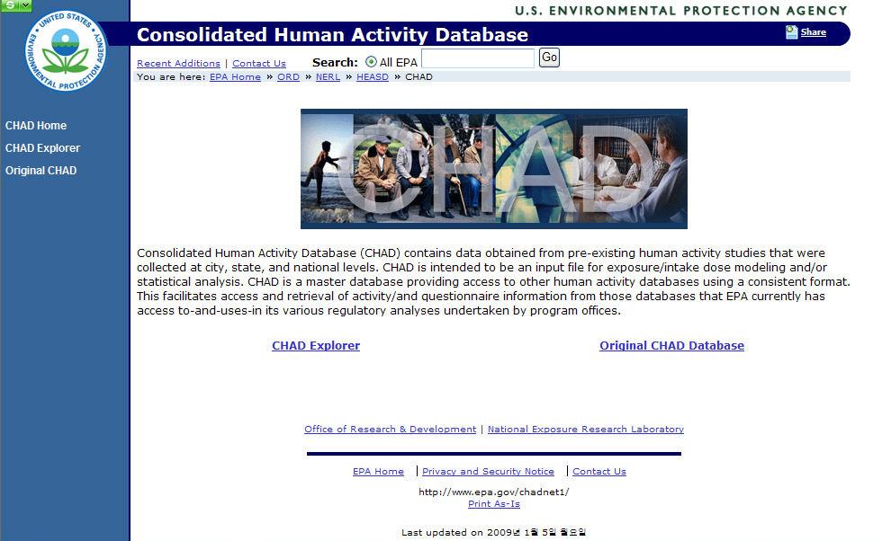 노출과연관된시간활동양상의중요성은미국환경청(EPA) 의통합된인간활동자료홈페이지 (Consolidated Human Activity Database, CHAD; www.eap.gov/chadnet1) 에서확인할수있다. 그림 1-9.