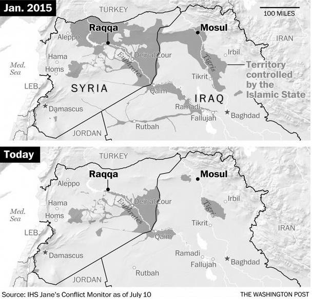 < 시리아와이라크에서의 ISIS 점령지역비교 : 2015 년 1 월과 2017 년 7 월 > 출처 : Washington Post 2017년에도테러리즘은전세계를아우르는주요정세쟁점이었으며, 이슬람극단주의자들에의한수많은테러공격이자행되었다. 2017년발생한서방에대한주요테러공격은다음과같다.