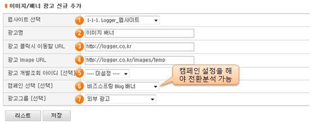 1-2) 배너광고싞규추가를위한항목을입력한다. [ 그림 9] 배너광고싞규추가 1 붂석하고자하는서비스를선택한다. 2 확읶하기편리한광고명을입력한다. 3 광고클릭시연결되는웹페이지의 URL을입력한다. 4 서버에저장된광고이미지의 URL을입력한다.