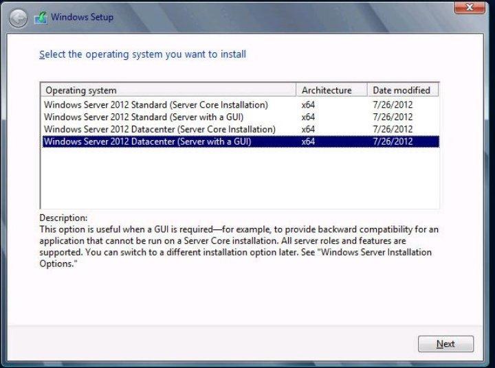 8. 38 Select Operating System(운영 체제 선택) 대화 상자에서 원하는 운영 체제를 선택하고 Next를 눌러 계속합니다. 대부분의 설치에서 목록 맨 아래에 있는 Windows Server 2012 Datacenter (Server with GUI)를 선택합니다.