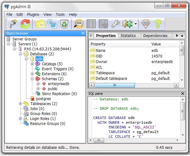 pgadmin III 을통하여 PAS 에접속한것을확인할수있습니다. [ 참고 ] pgadmin 실행에러 pgadmin 실행시 'MSVCP120.dll is missing from your computer' 에러가발생하는경우 Microsoft 공식사이트에서 vcredist_x86.exe 파일과 vcredist_x64.exe 파일을다운받아설치하면됩니다.