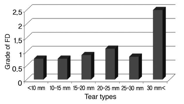 대한견 주관절학회지제 14 권제 2 호 Fig. 5. The relationship of the size of the rotator cuff tear and the grade of fatty degeneration of the infraspinatus.