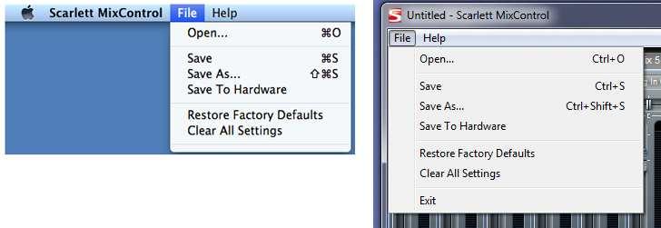 파일메뉴 Scarlett MixControl 의 Mac 과 Windows 버전간의파일메뉴가약간다릅니다. Open 이전에저장된 Scarlett MixControl 믹스데이터파일을불러들이는메뉴입니다. Save Scarlett MixControl의믹스데이터를저장할수있습니다. 저장할때마다원래파일을덮어씁니다.