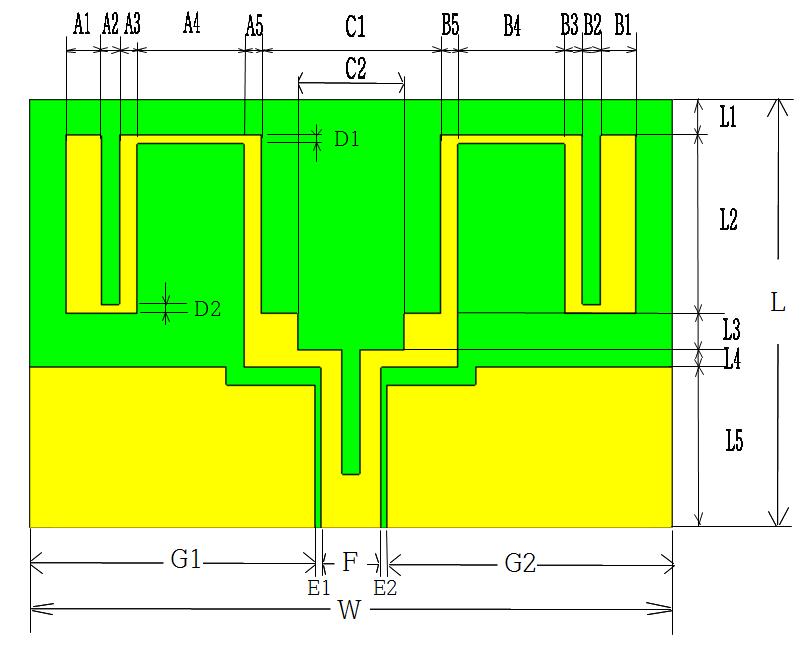 6 표준 [9] 중 UWB 대역을활용한 WBAN용웨어러블기기에서사용하기위한안테나로서 4.3GHz의레이더와 UWB의상위대역인 6.3GHz ~ 10.2GHZ 대역중 6.1GHz ~ 9.8GHz의미엔더마이크로스트립안테나를설계하고주요파라미터를최적화하여우수한특성을갖는안테나를제안하였다. 그림 1과같이 4.27GHz, 9.