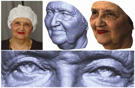 ( 그림 9) 얼굴표정의 3D 복원결과 ( 그림 8) 다단계스테레오정합기반 3D 얼굴복원결과 2011년발표된이연구는수동방식을이용해 3D 얼굴외형을밀리미터수준까지정밀하게복원한대표적인예로, 스테레오기반방식으로도능동방식과유사한복원결과를얻을수있다는것을보여준다. 하지만고해상도영상을사용하고 3D 표면정제등복잡한단계를거쳐야하므로처리시간은수십분정도소요된다.