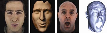 기존방식의단점중하나는얼굴표정이움직이는경우마커를사용해이를추적하는방식을사용하지않으면복원이매우어렵다는점인데, 제안방식은마커없이프레임단위로얼굴외형을복원함으로써움직이는표정을 3D로복원한다.