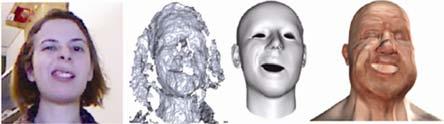( 그림 9) 는두방식을사용해얼굴표정을 3D로복원한결과이다. 한편, 사용자얼굴외형의사실적복원보다는표정의움직임에초점을맞춰아바타가피촬영자의퍼포먼스를따라하는얼굴애니메이션연구도진행중이다 [15]. 이를위해 3D 공간에서얼굴의특징점들을추적하고아바타의표정을자연스럽게생성하는기술이사용된다.