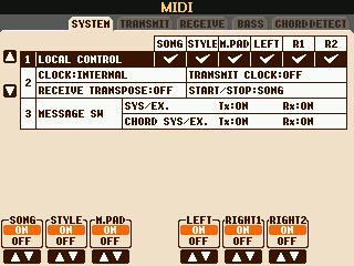 MIDI 시스템설정 이페이지의설명은 104 페이지의 4 단계에있는 SYSTEM 페이지에해당됩니다. [A]/[B] 버튼을사용하여파라미터 ( 아래 ) 를선택한뒤, [1 ] ~ [8 ] 버튼을사용하여 ON/OFF 상태를설정합니다. 1 로컬컨트롤각부분에대한로컬컨트롤을켜거나끕니다.