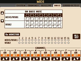 MIDI 수신을통해스타일을재생하기위한기본음설정 이설명은 104 페이지의 4 단계에있는 BASS 페이지에적용됩니다. 이설정은 MIDI 를통해수신된음표메시지를바탕으로스타일재생을위한기본음을결정할수있도록해줍니다. "ON" 으로설정된채널에서수신된음표켜짐 / 꺼짐메시지는스타일재생코드의기본음으로인식됩니다. 기본음은 [ACMP] 또는분리점설정과관계없이감지됩니다.