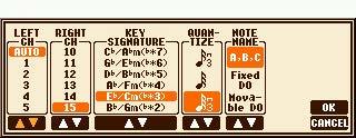 [8 ] (SET UP) 버튼을눌러세부설정화면을불러옵니다. [1 ] ~ [6 ] 버튼을사용하고 [8 ] (OK) 버튼을눌러서보기형식을설정합니다. [1 ] [2 ] LEFT CH RIGHT CH 왼손 / 오른손부분에대해곡데이터에있는어떤 MIDI 채널을사용할지를결정합니다. 이설정은다른곡을선택하면 AUTO로돌아갑니다.