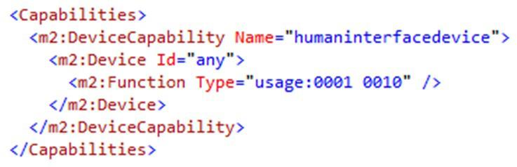 그림 2. 윈도우스토어앱의매니페스트에디바이스접근권한및 Function Type 선언모습 그림 4. HID 디바이스초기화코드의예드를사용할수있다. HidDevice.