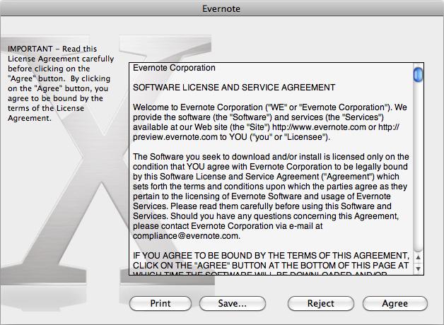 Mac OS 에서의설치 4. [Evernote] 아이콘을더블클릭합니다. 라이센스동의에대한확인이표시됩니다.