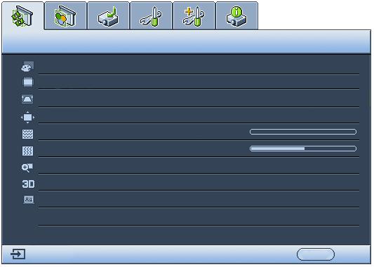 메뉴사용하기 프로젝터에는다양한조정과설정을위한 OSD 메뉴가있습니다. 아래 OSD 스크린샷은참조용이며실제디자인과다를수있습니다. 아래그림은 OSD 메뉴의개요화면입니다.