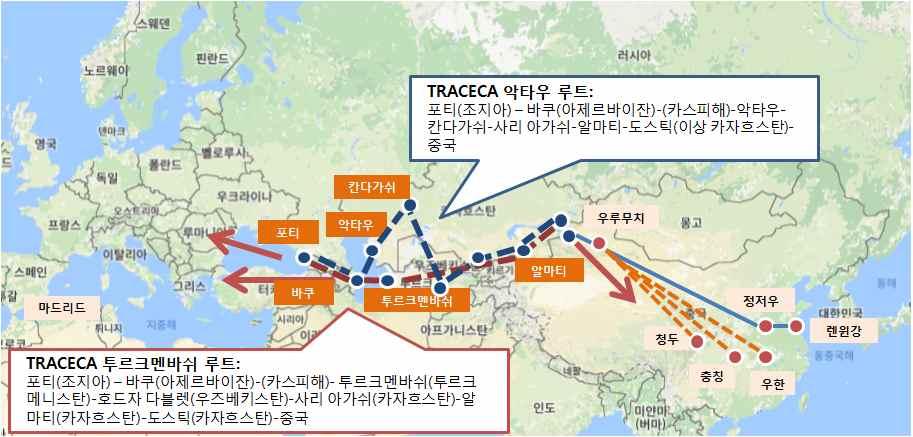 42 주요중앙아시아국가들의물류장벽분석및대응방향 < 그림 2-17> TRACECA 중앙아시아경유회랑 자료 : Davydenko et al 2) 이란동부회랑경유중앙아시아진출루트이란은현재이란철도공사 (RAI) 를중심으로 2025년까지기존철도를전철화및복선화하고신규철도 12,000km 를건설하는국가적인철도혁신계획을추진하고있다.
