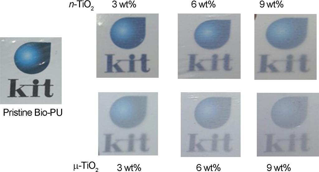 88 강승구 강구 곽남호 진호진 홍성현 주일중 권오경 민병길 Textile Science and Engineering, 2016, 53, 83-90 Figure 8. Transparency of pristine Bio-PU film and Bio-PU/TiO2 hybrid films. Figure 9.