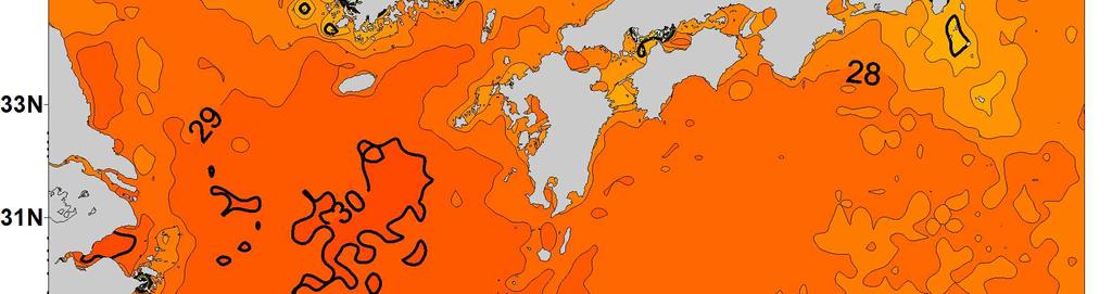 로평년과비슷한수온분포 - 남해근해역 : 26 ~ 30 로평년에비하여 1